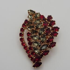 Vintage Gold-tone Red and Green Rhinestone Leaf Shaped Brooch